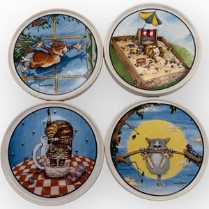Vtg 4 Gary Patterson Clay Design CATS Playful Naughty Comic Cartoon Coasters